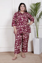 Plus Size Maroon Poly crepe  Floral Print Co-ord Set -120045