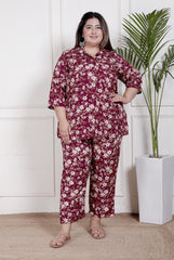 Plus Size Maroon Poly crepe  Floral Print Co-ord Set -120045