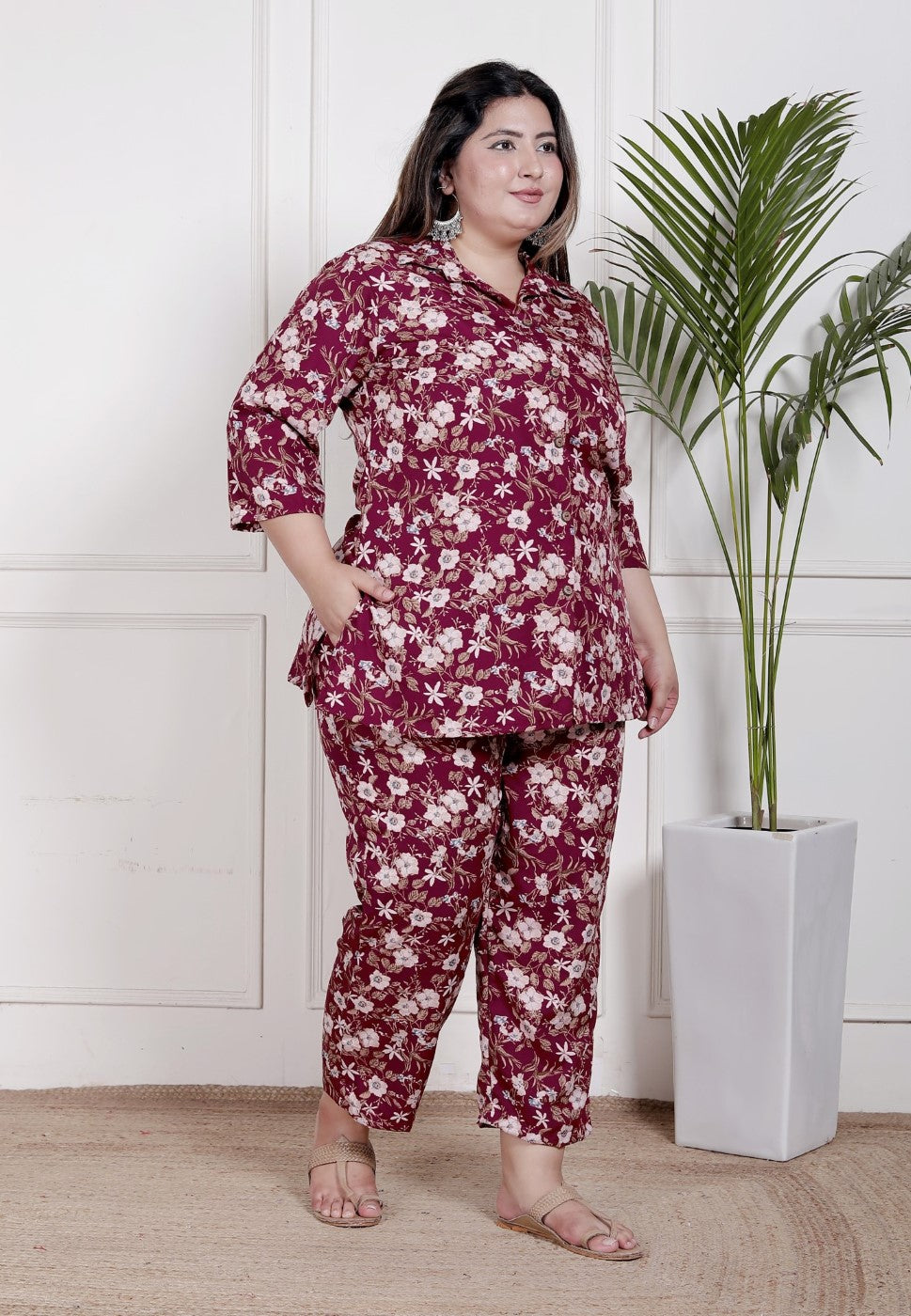 Plus Size Maroon Poly crepe  Floral Print Co-ord Set -120045 Secondary image
