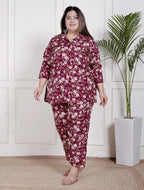 Plus Size Maroon Poly crepe  Floral Print Co-ord Set -120045
