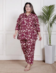 Plus Size Maroon Poly crepe  Floral Print Co-ord Set -120045