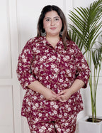 Plus Size Maroon Poly crepe  Floral Print Co-ord Set -120045