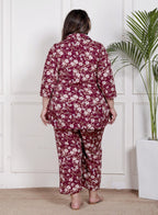 Plus Size Maroon Poly crepe  Floral Print Co-ord Set -120045