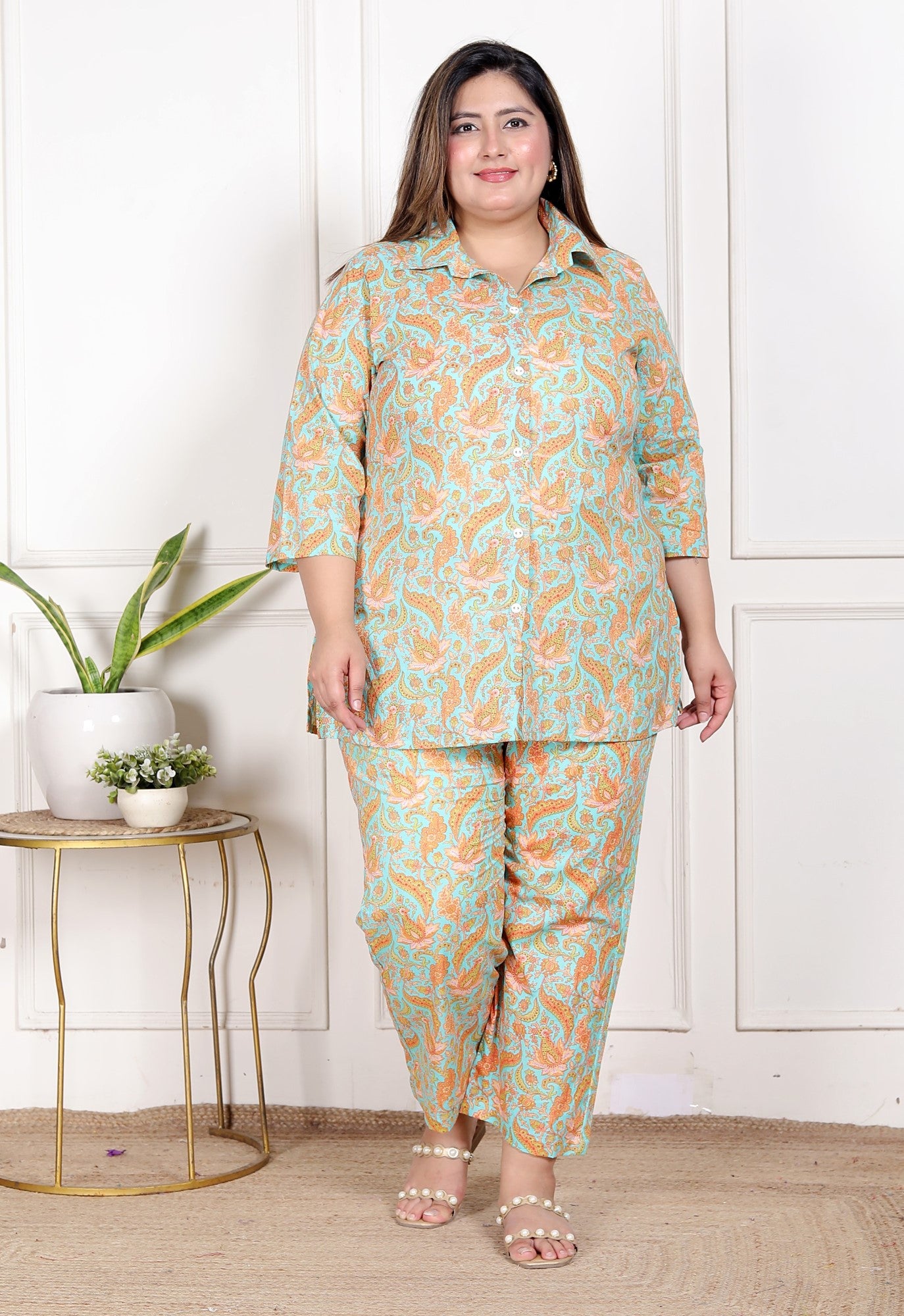Plus Size Sky Blue Cotton Floral Print Co-ord Set -120044 Main image