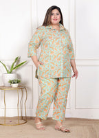 Plus Size Sky Blue Cotton Floral Print Co-ord Set -120044