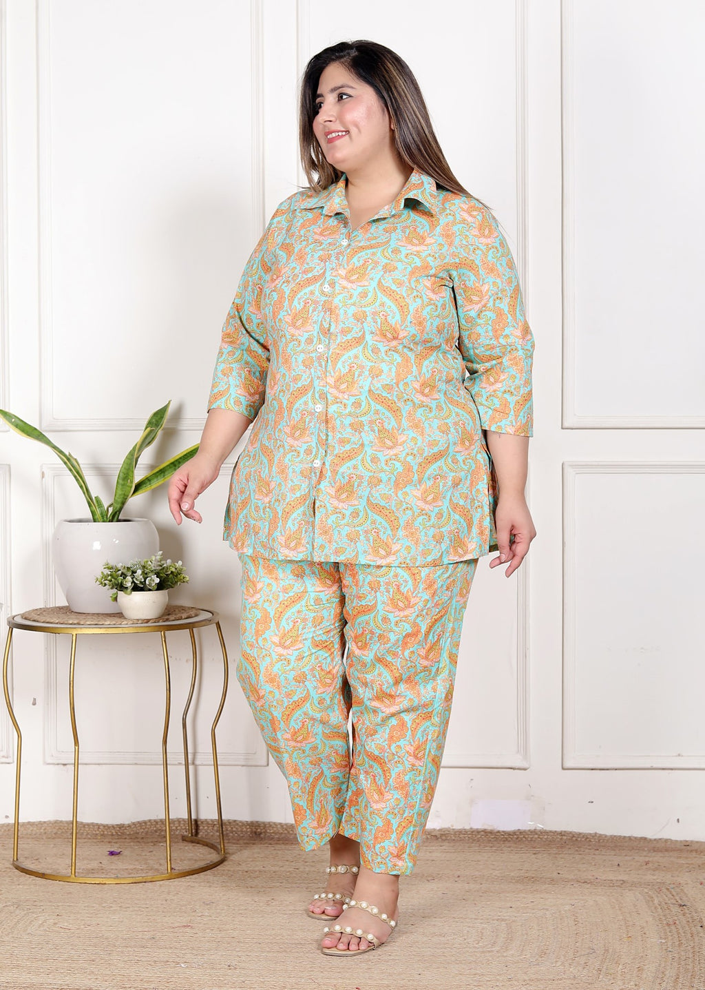 Plus Size Sky Blue Cotton Floral Print Co-ord Set -120044