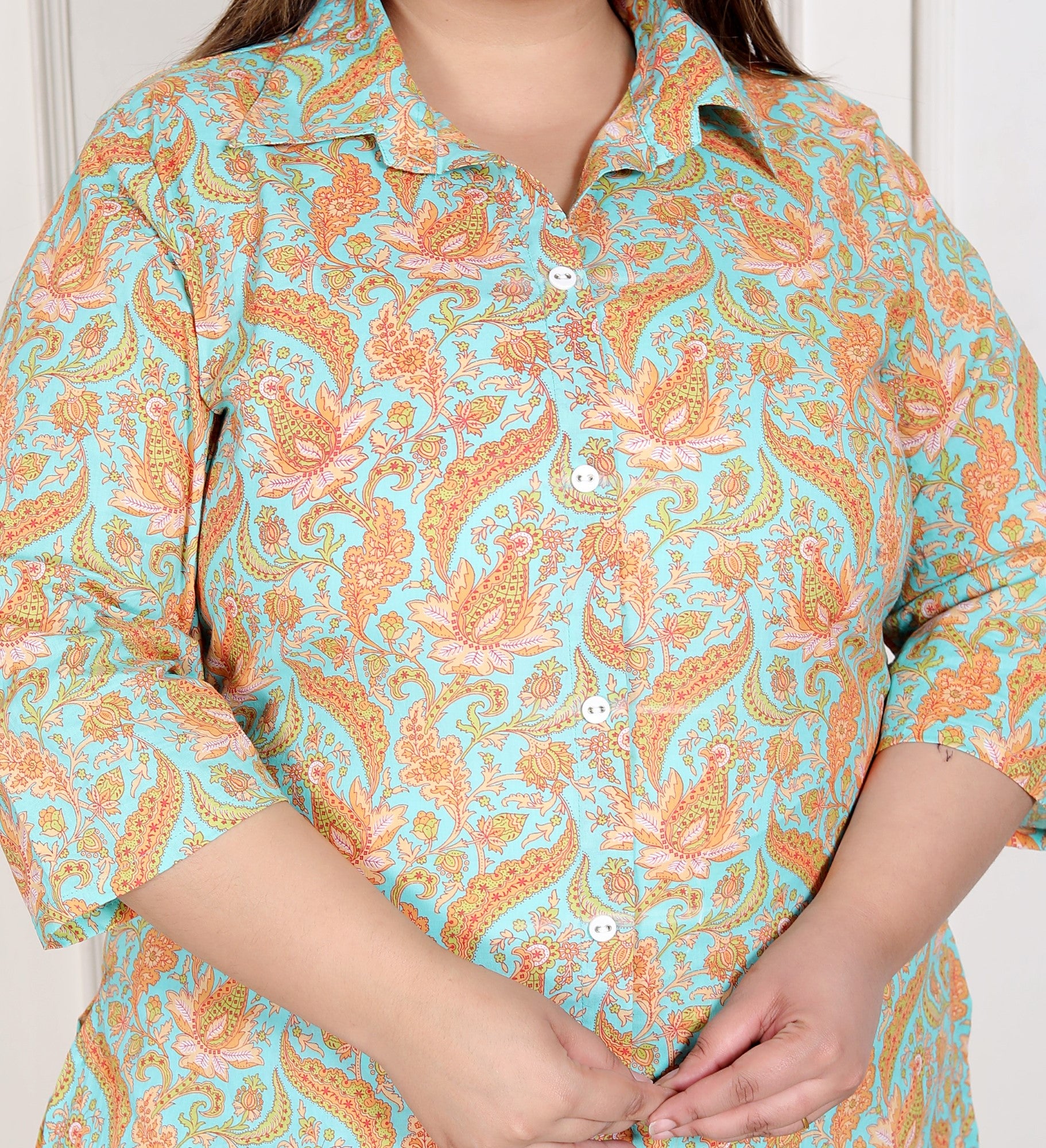 Plus Size Sky Blue Cotton Floral Print Co-ord Set -120044