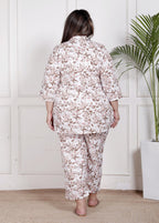 Plus Size White Poly crepe  Floral Print Co-ord Set -120046