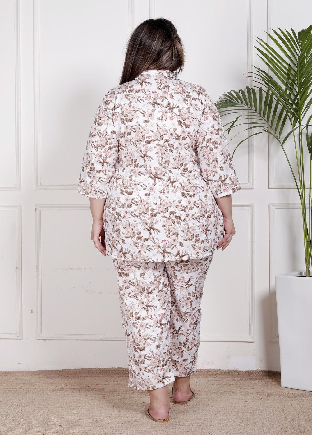 Plus Size White Poly crepe  Floral Print Co-ord Set -120046