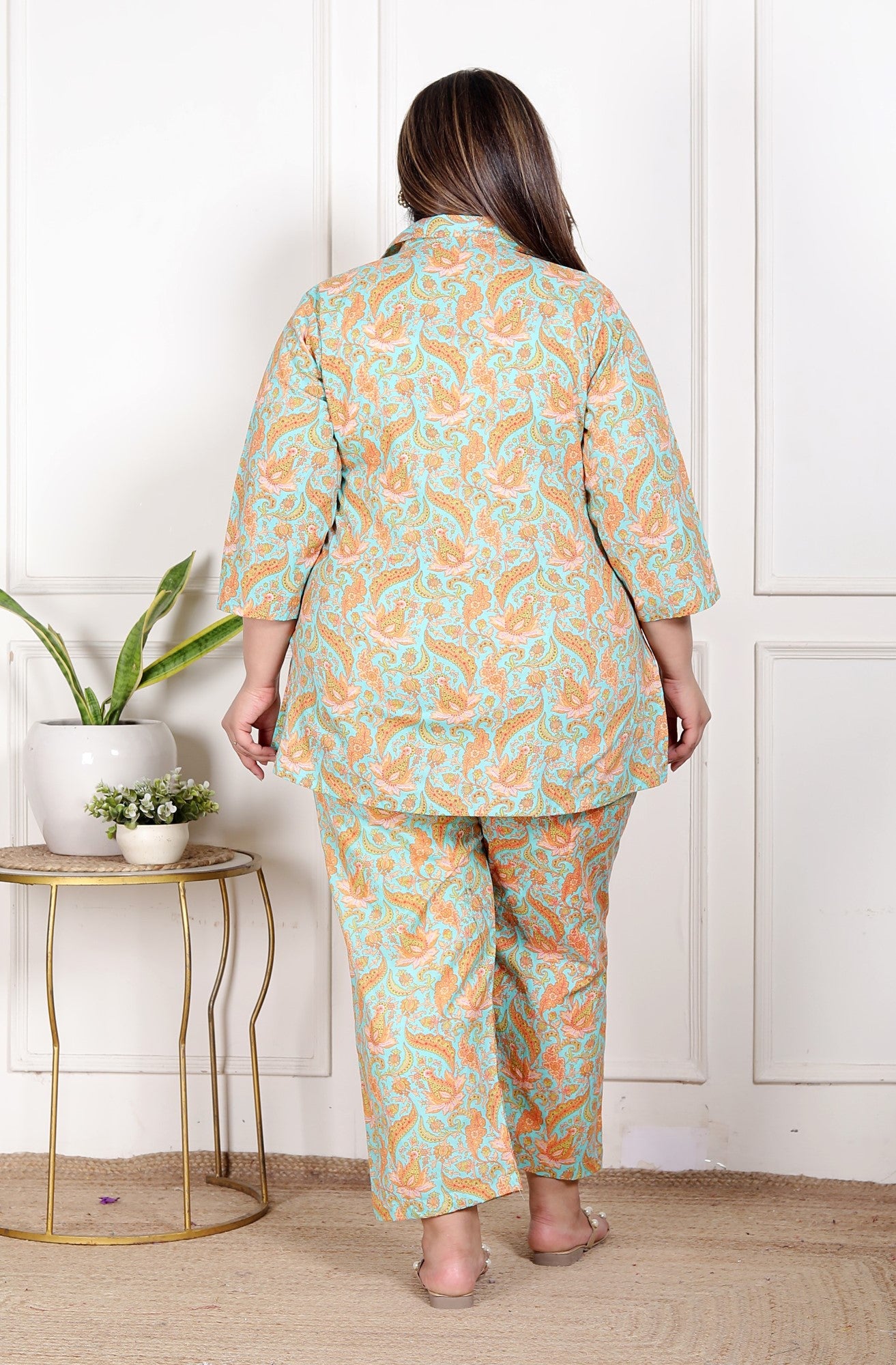 Plus Size Sky Blue Cotton Floral Print Co-ord Set -120044