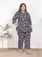 Plus Size Black  Poly crepe  Floral Print Co-ord Set -120047
