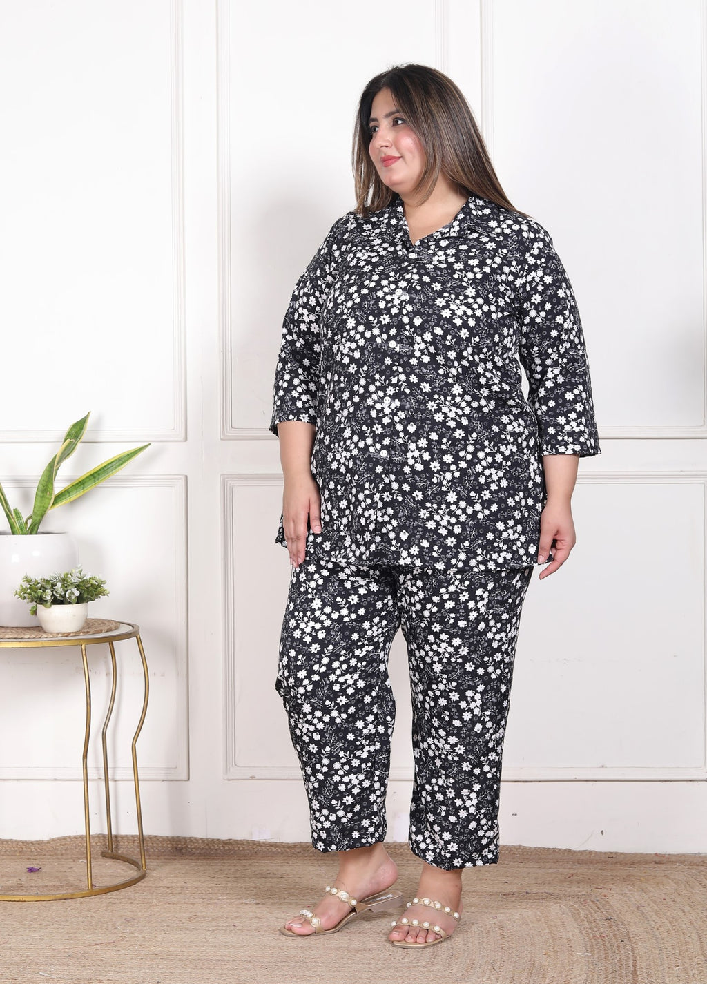 Plus Size Black  Poly crepe  Floral Print Co-ord Set -120047
