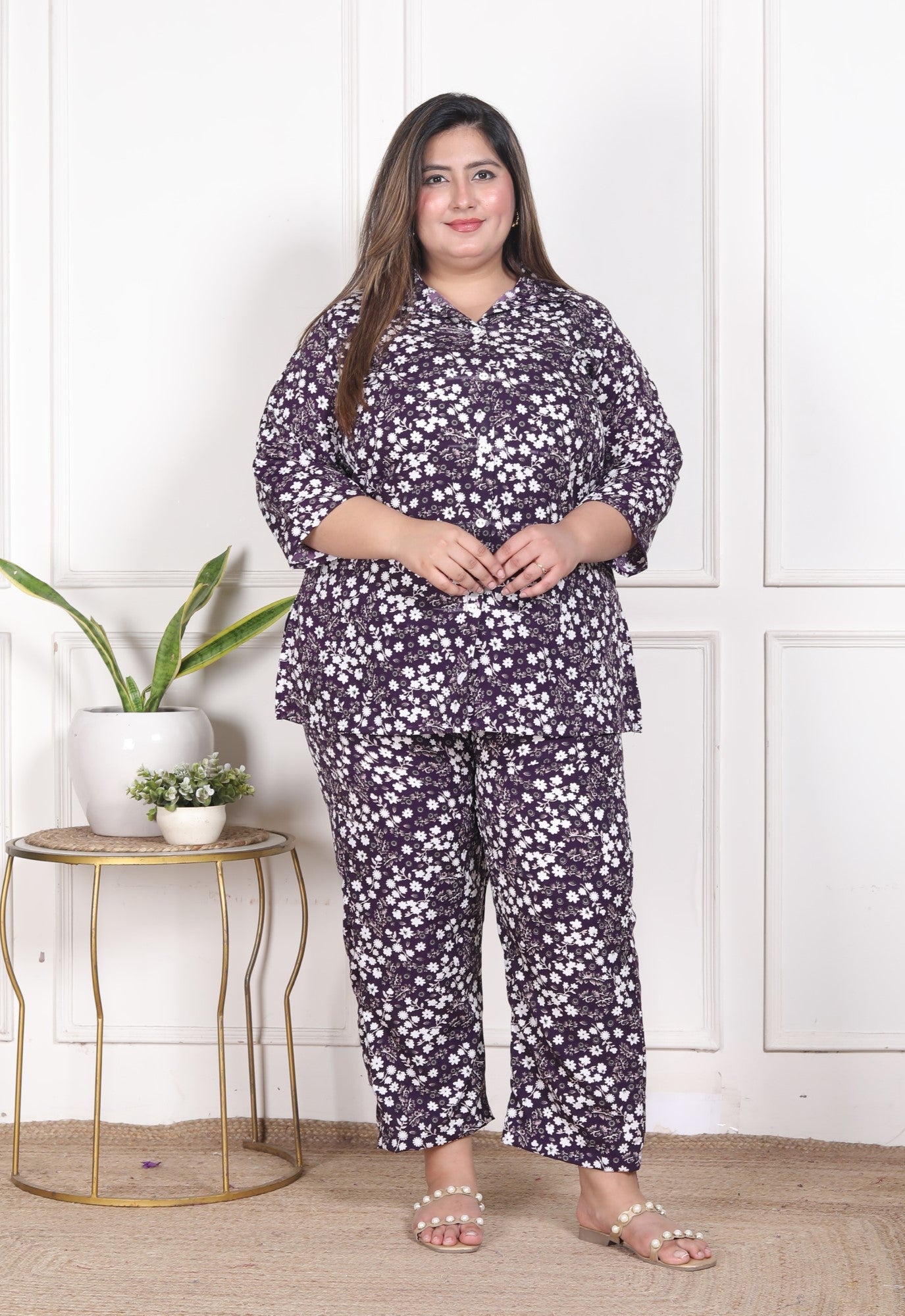 Plus Size Purple Poly crepe  Floral Print Co-ord Set -120048 Main image
