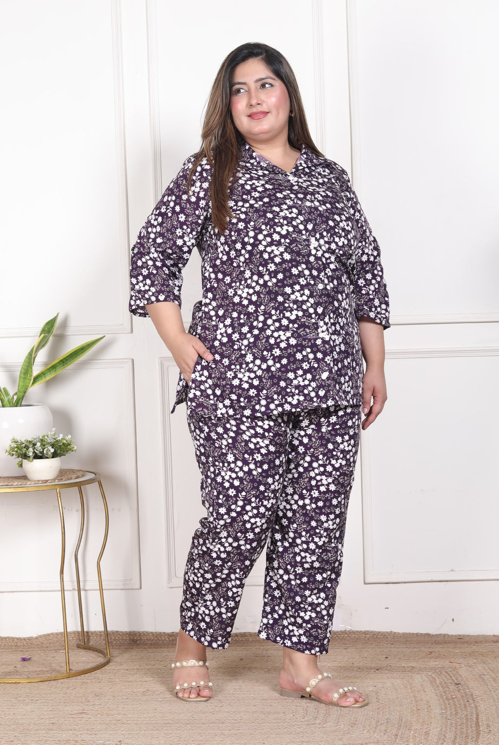 Plus Size Purple Poly crepe  Floral Print Co-ord Set -120048