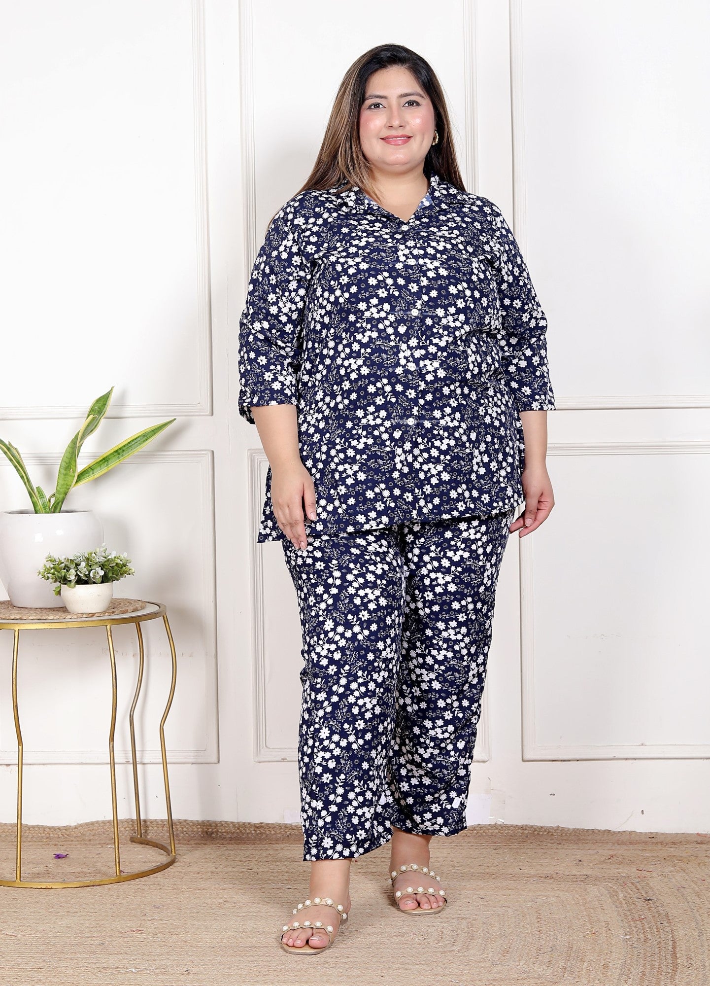 Plus Size Blue Poly crepe  Floral Print Co-ord Set -120049