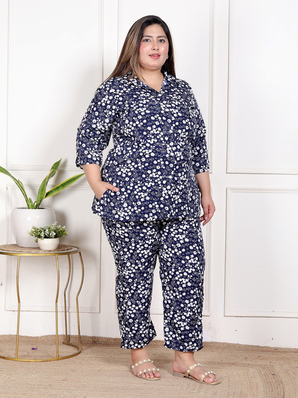 Plus Size Blue Poly crepe  Floral Print Co-ord Set -120049