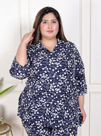 Plus Size Blue Poly crepe  Floral Print Co-ord Set -120049
