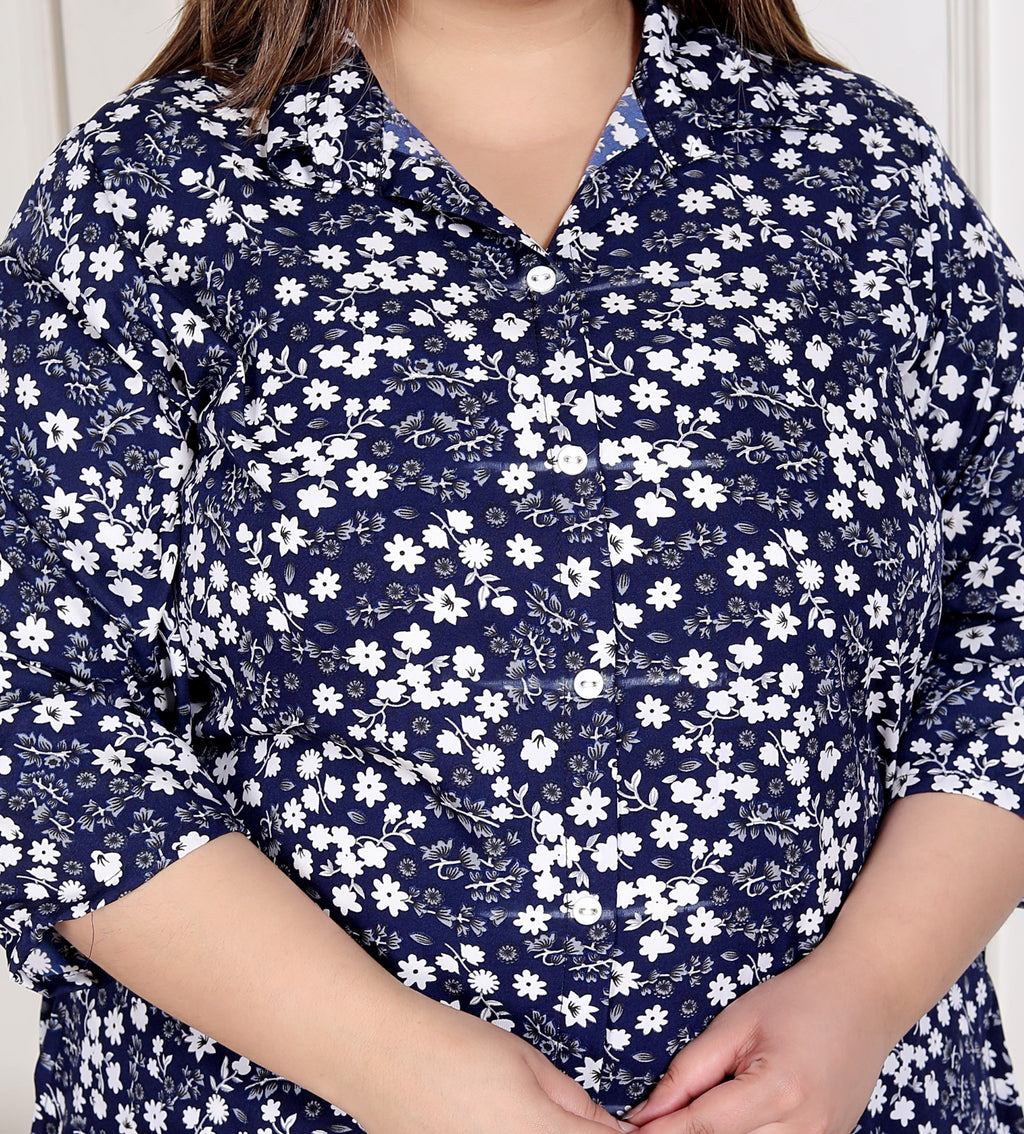 Plus Size Blue Poly crepe  Floral Print Co-ord Set -120049