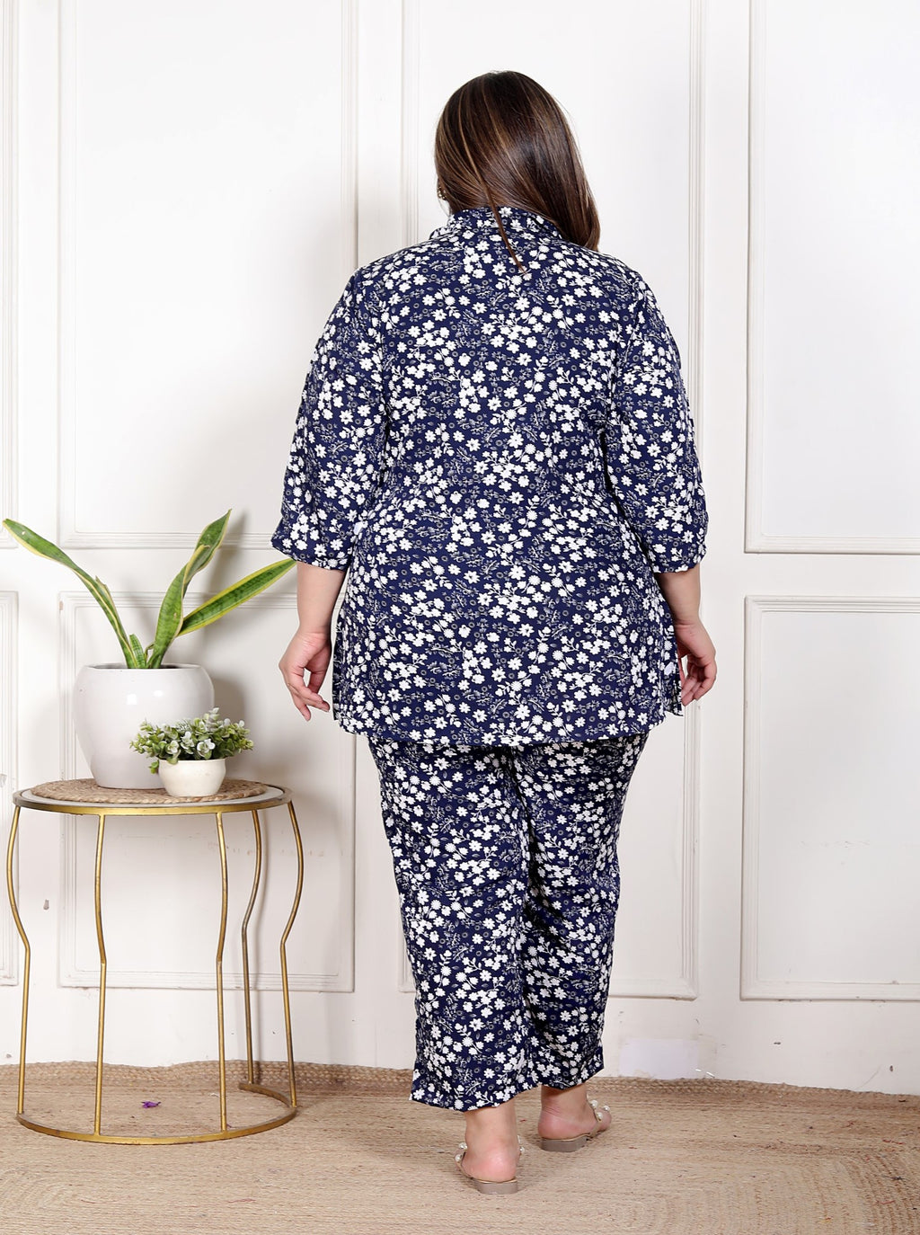 Plus Size Blue Poly crepe  Floral Print Co-ord Set -120049