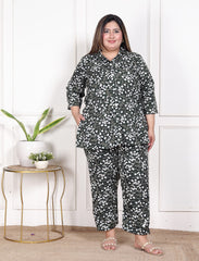 Plus Size Green Poly crepe  Floral Print Co-ord Set -120050