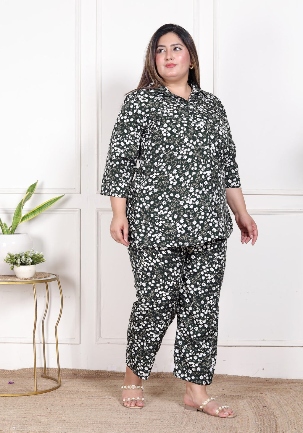Plus Size Green Poly crepe  Floral Print Co-ord Set -120050