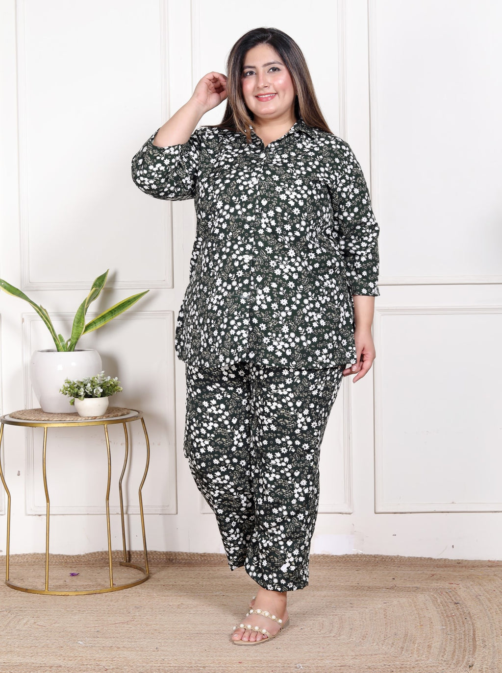 Plus Size Green Poly crepe  Floral Print Co-ord Set -120050