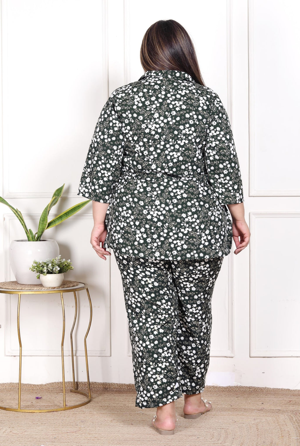 Plus Size Green Poly crepe  Floral Print Co-ord Set -120050