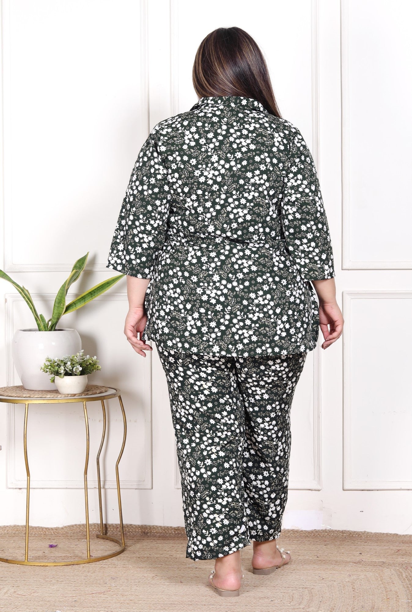 Plus Size Green Poly crepe  Floral Print Co-ord Set -120050