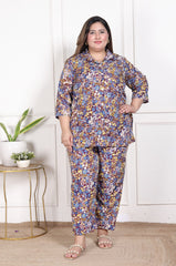 Plus Size Maroon Poly crepe  Floral Print Co-ord Set -120051