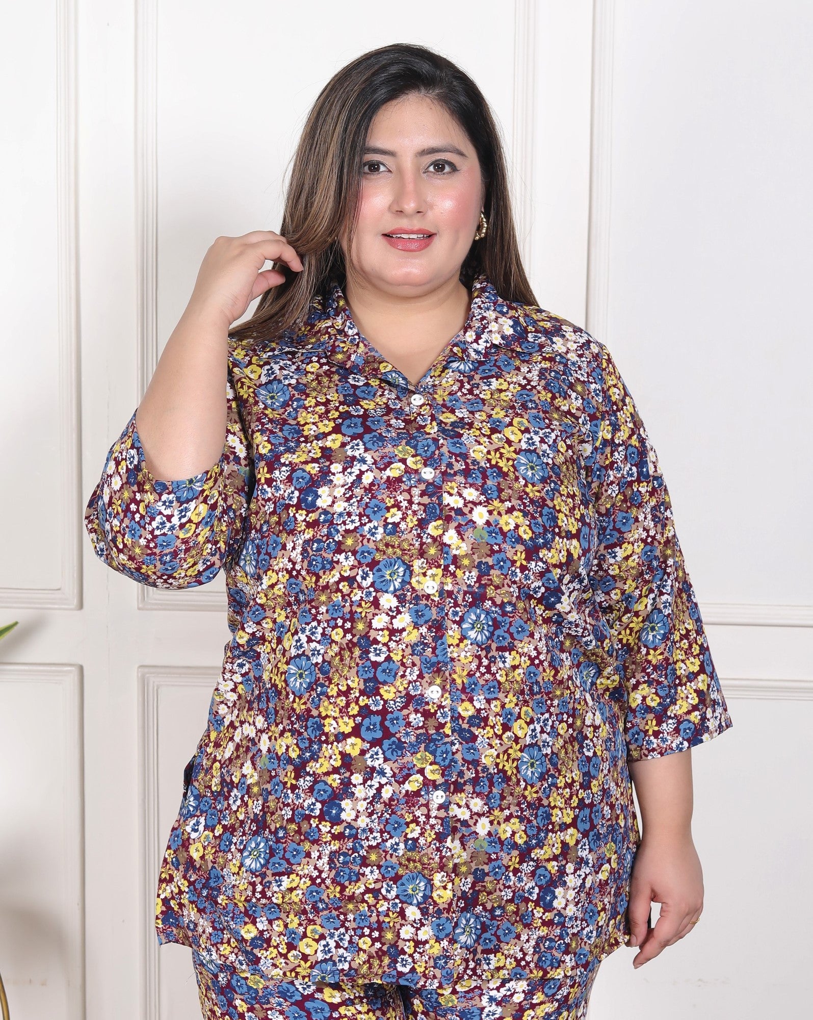 Plus Size Maroon Poly crepe  Floral Print Co-ord Set -120051