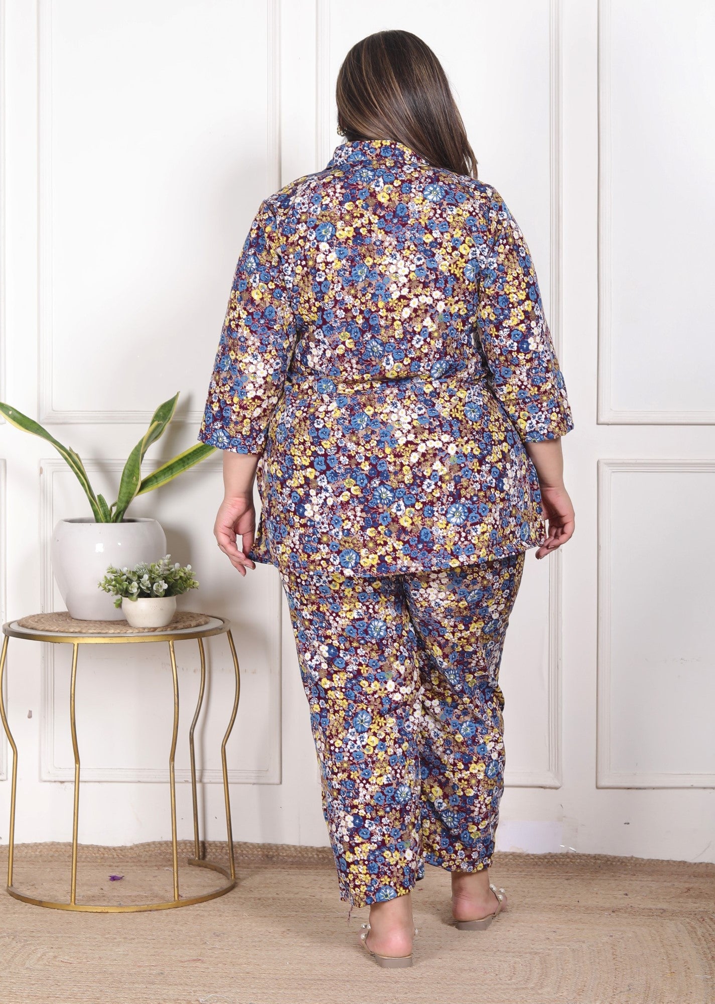 Plus Size Maroon Poly crepe  Floral Print Co-ord Set -120051