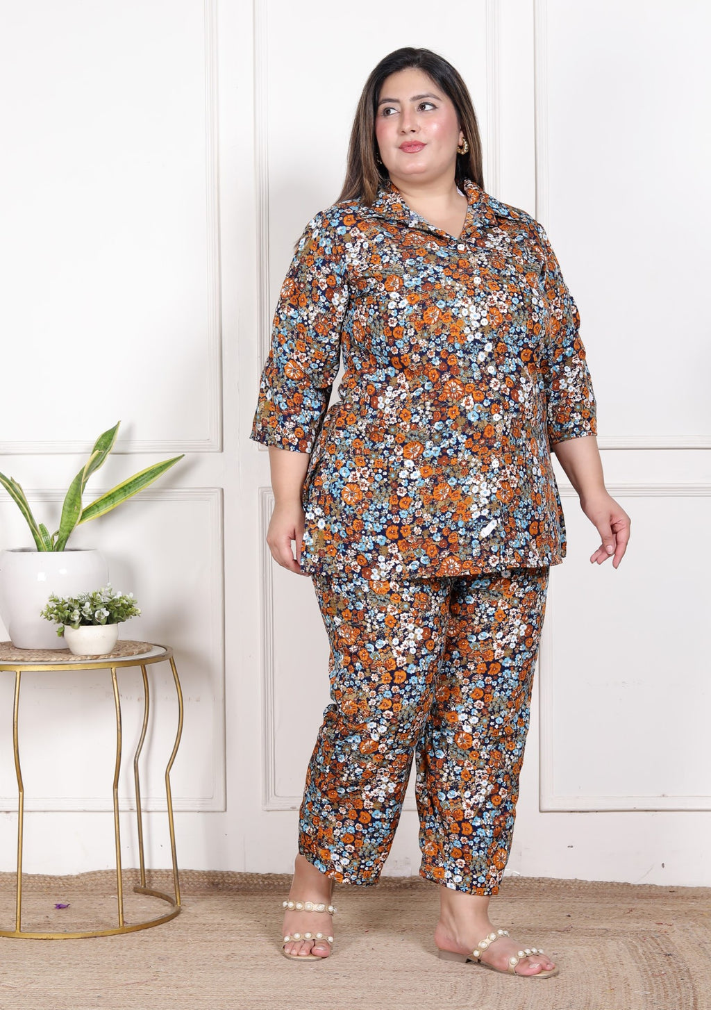 Plus Size Blue Poly crepe  Floral Print Co-ord Set -120052