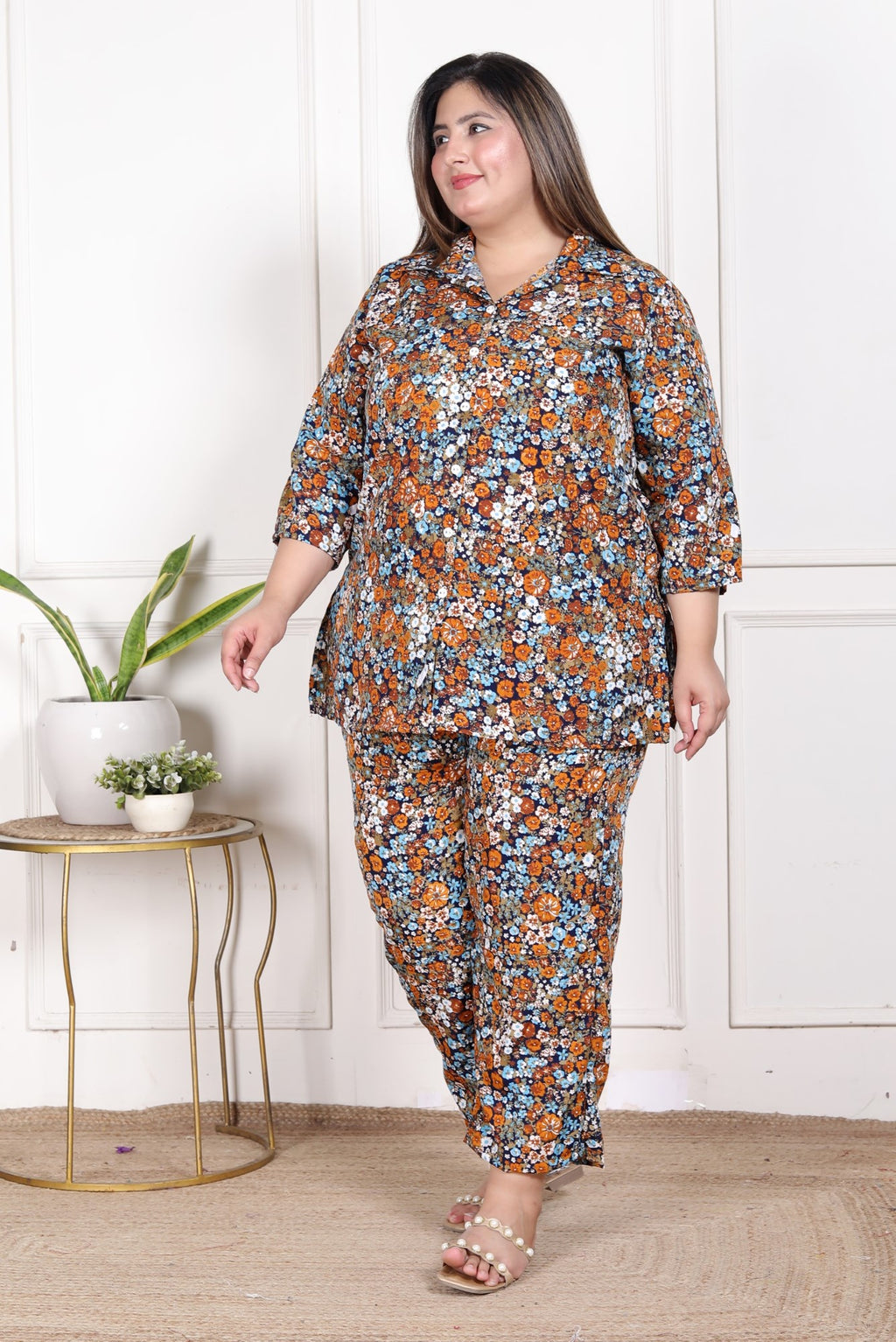 Plus Size Blue Poly crepe  Floral Print Co-ord Set -120052