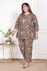 Plus Size Blue Poly crepe  Floral Print Co-ord Set -120052