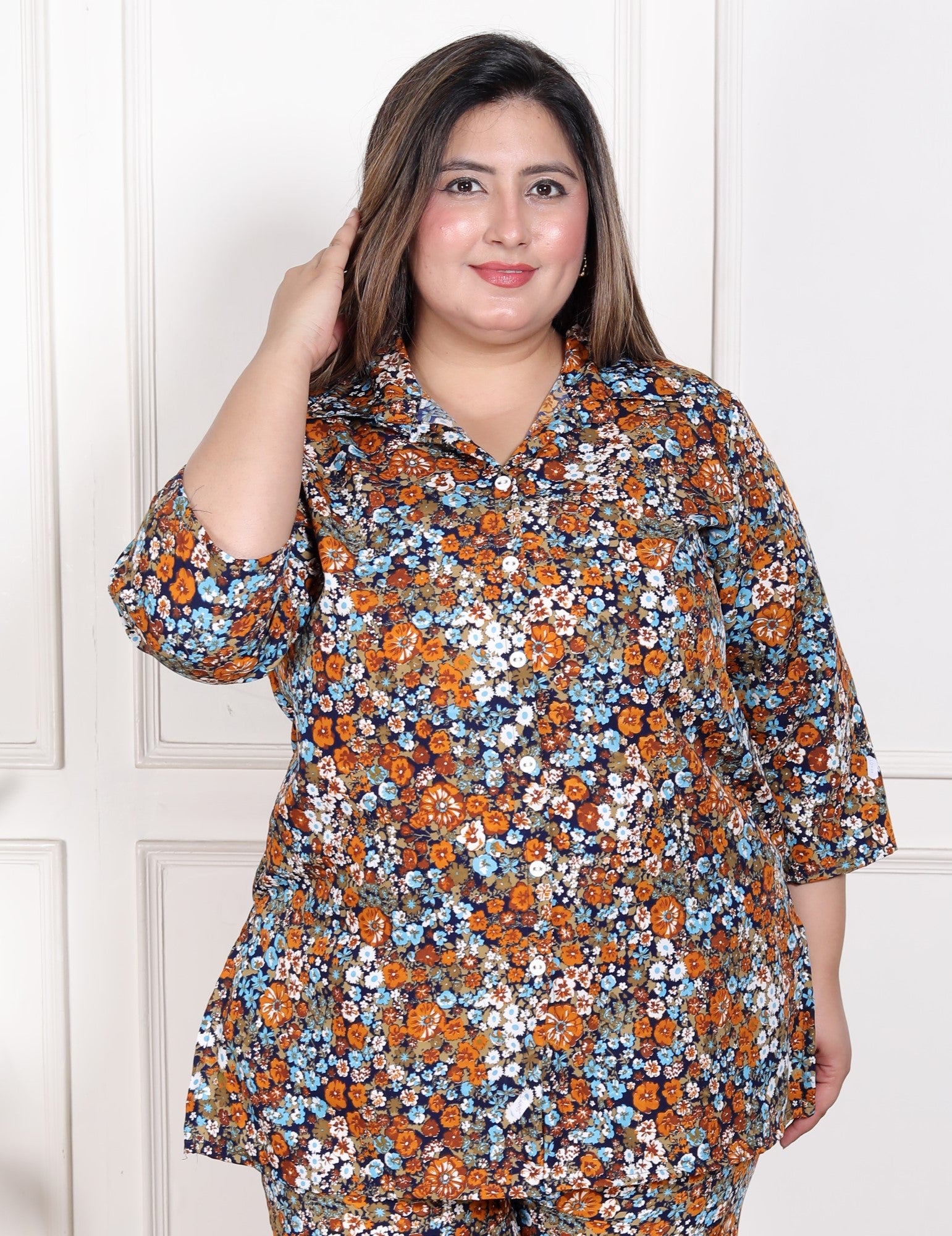 Plus Size Blue Poly crepe  Floral Print Co-ord Set -120052