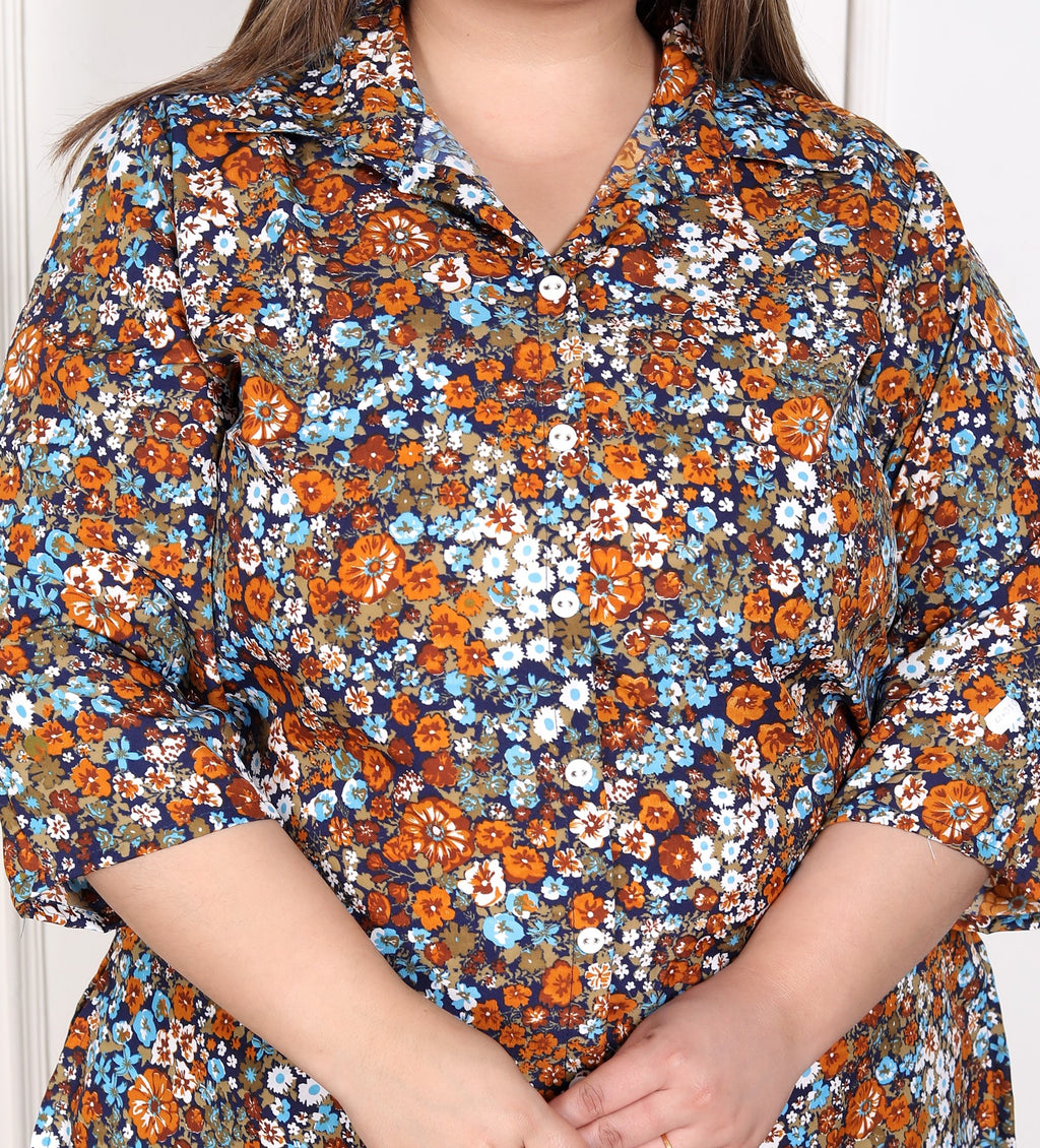 Plus Size Blue Poly crepe  Floral Print Co-ord Set -120052