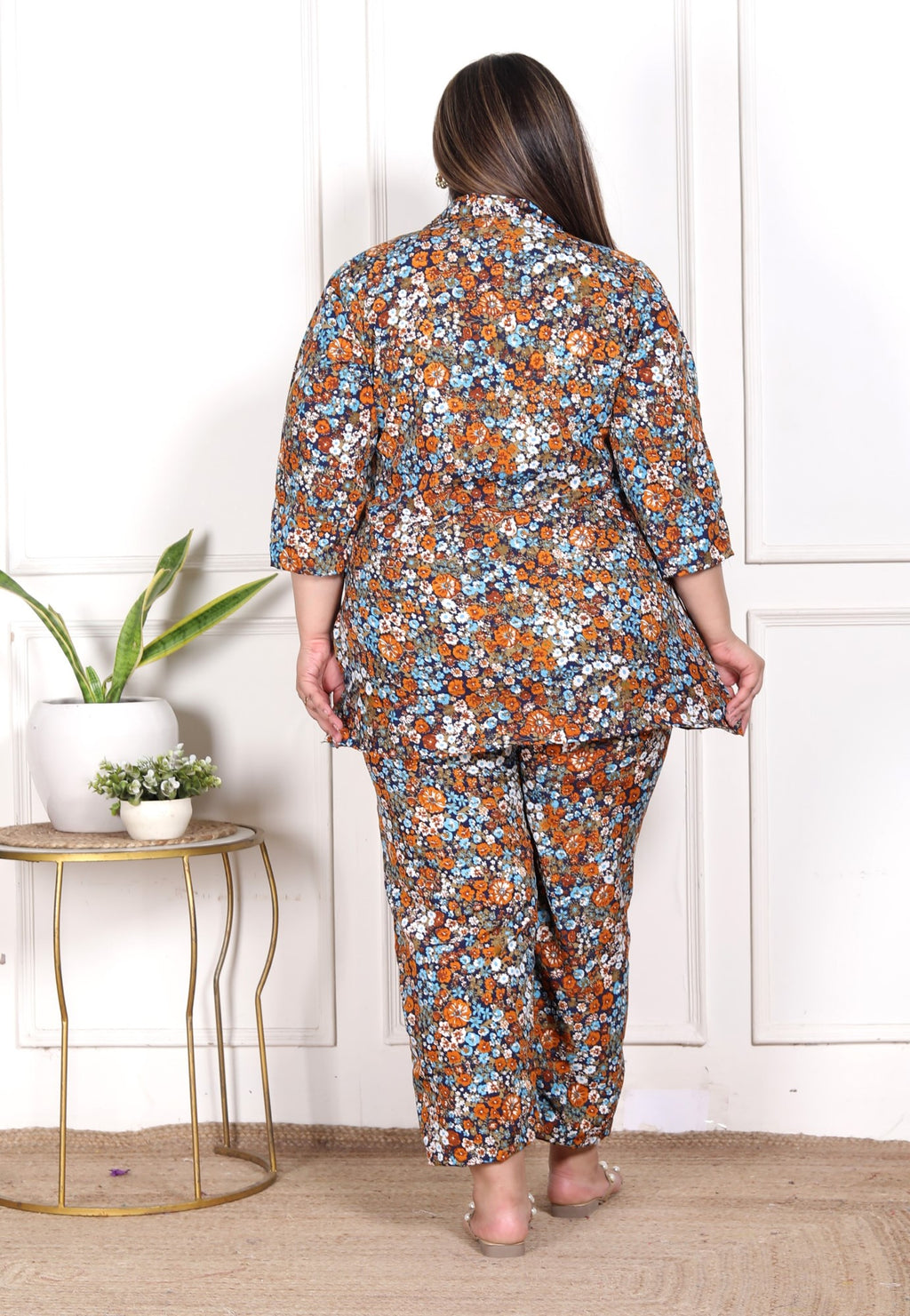 Plus Size Blue Poly crepe  Floral Print Co-ord Set -120052