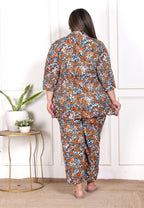 Plus Size Blue Poly crepe  Floral Print Co-ord Set -120052