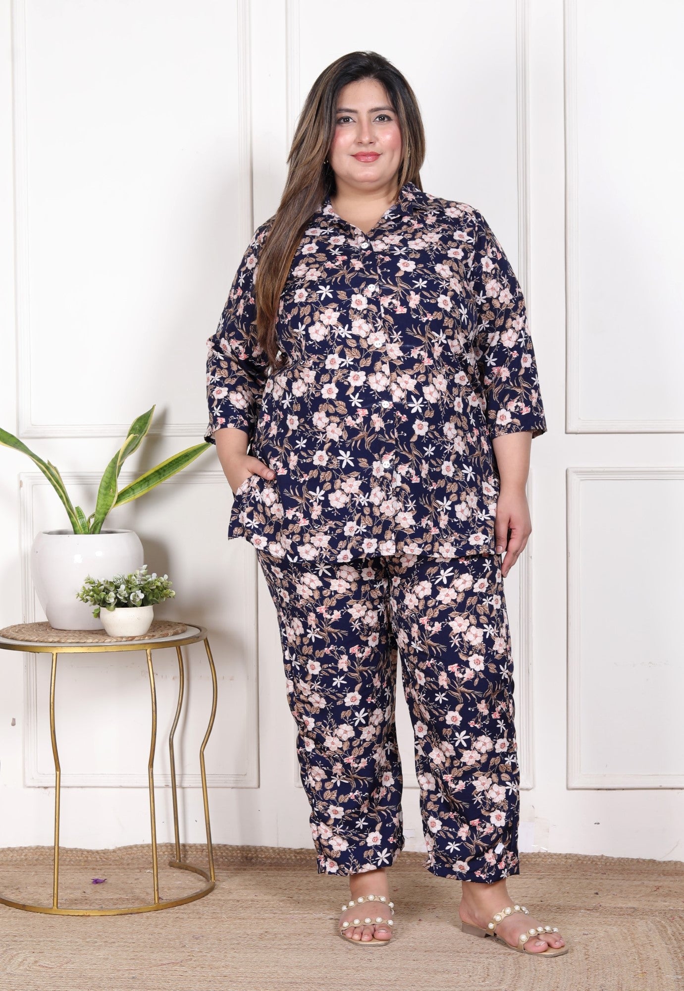 Plus Size Blue Poly crepe  Floral Print Co-ord Set -120053