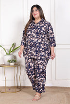 Plus Size Blue Poly crepe  Floral Print Co-ord Set -120053