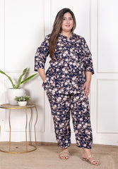 Plus Size Blue Poly crepe  Floral Print Co-ord Set -120053