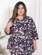 Plus Size Blue Poly crepe  Floral Print Co-ord Set -120053