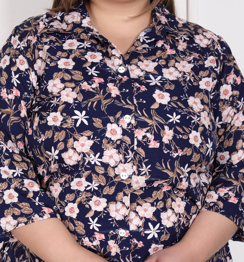 Plus Size Blue Poly crepe  Floral Print Co-ord Set -120053