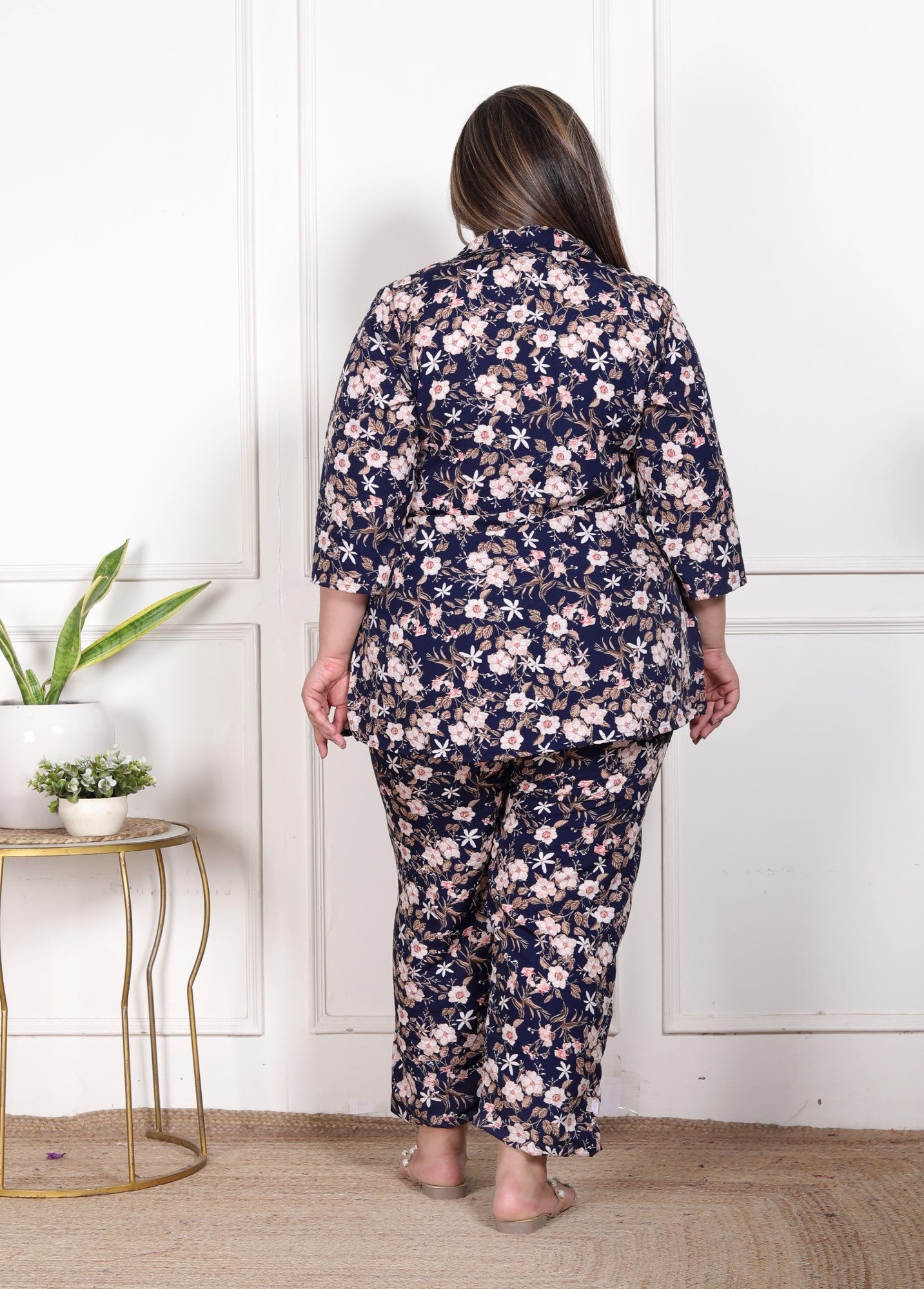 Plus Size Blue Poly crepe  Floral Print Co-ord Set -120053
