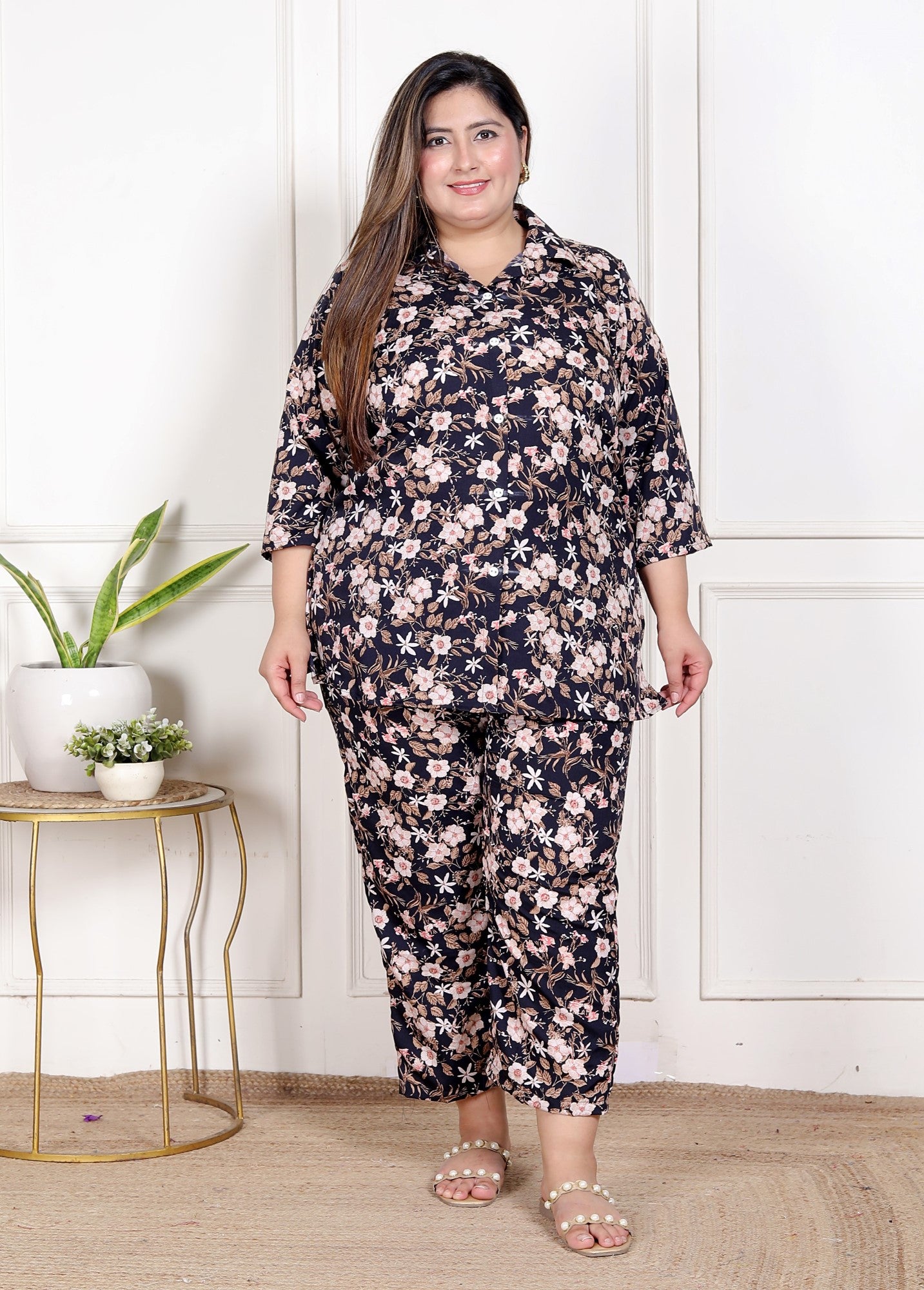 Plus Size Black  Poly crepe  Floral Print Co-ord Set -120054 Main image