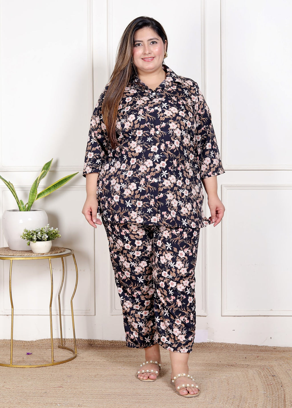 Plus Size Black  Poly crepe  Floral Print Co-ord Set -120054