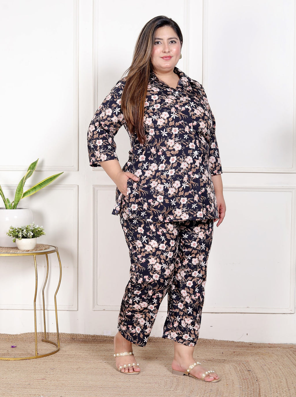 Plus Size Black  Poly crepe  Floral Print Co-ord Set -120054