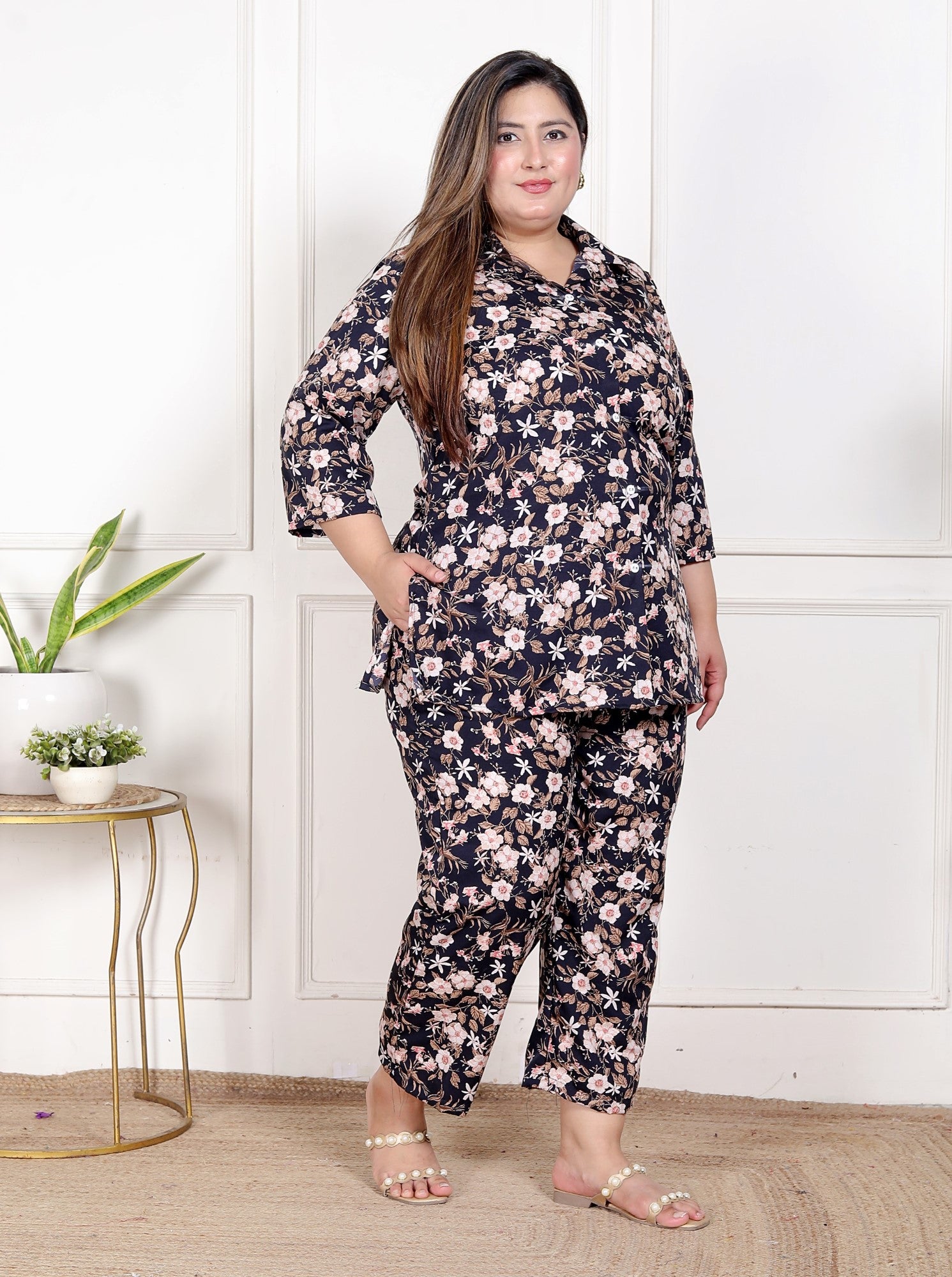 Plus Size Black  Poly crepe  Floral Print Co-ord Set -120054