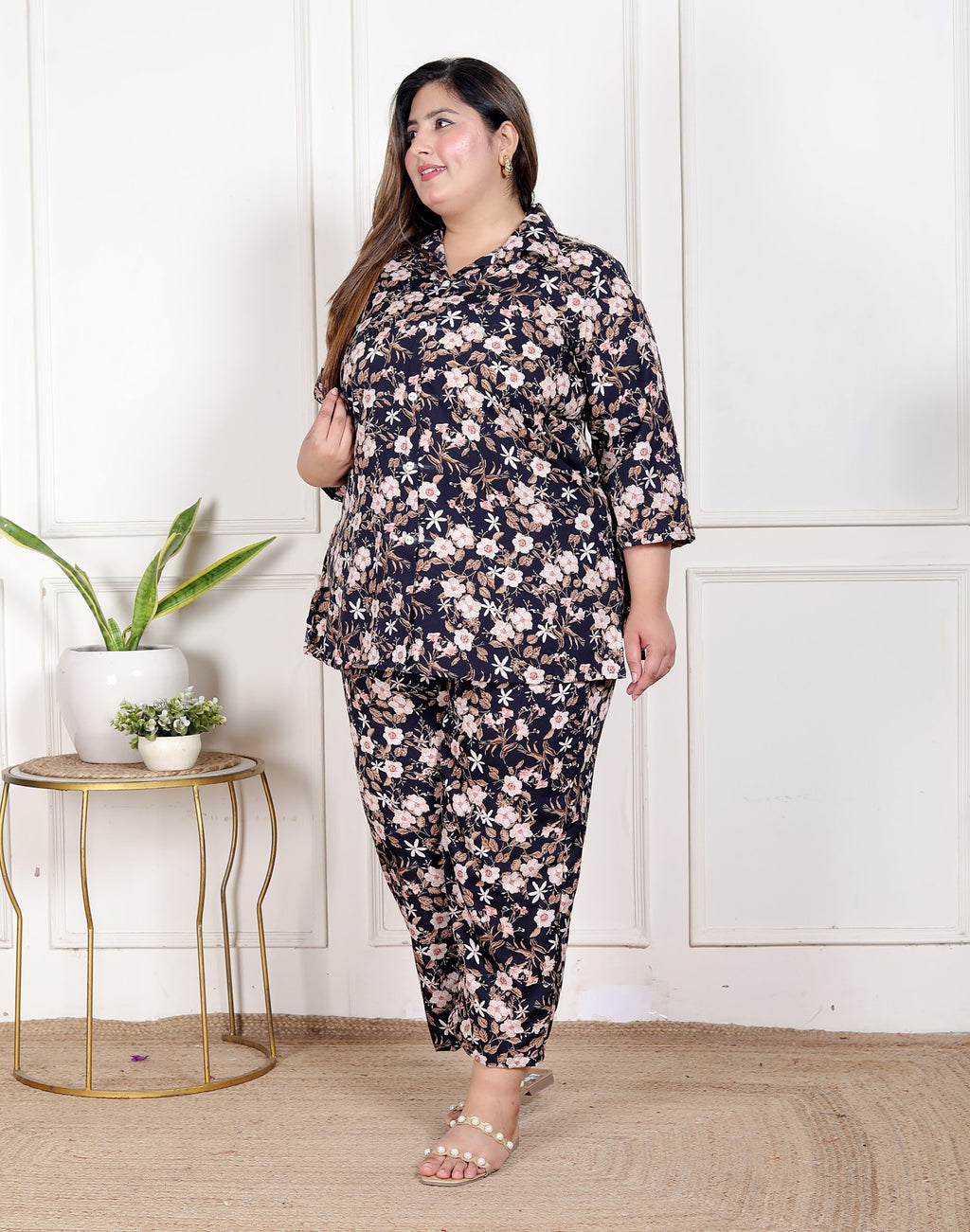 Plus Size Black  Poly crepe  Floral Print Co-ord Set -120054