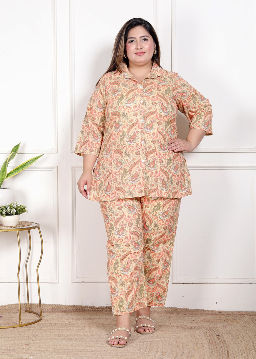 Plus Size Peach Cotton Floral Print Co-ord Set -120055